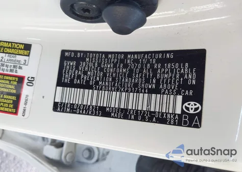 2019 Toyota Corolla Le z USA, uszkodzony, nr VIN 5YFBURHE2KP917144
